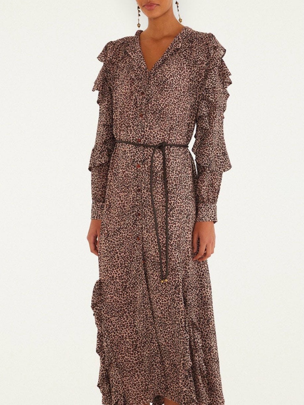 FARM Rio Brown Leopard-Print Ruffle Maxi Dress